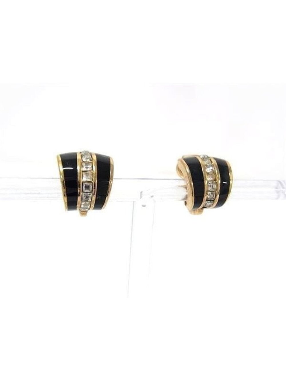 Dior Earrings Gold Black Metal Enamel Rhinestone Vintage
